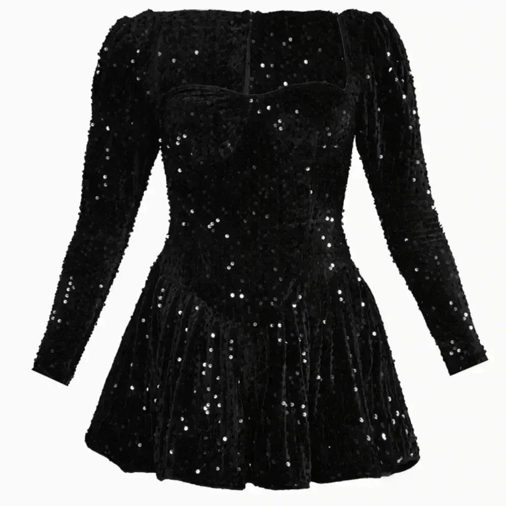 Pretty Little Things black sequin long sleeve skater romper dress size 12